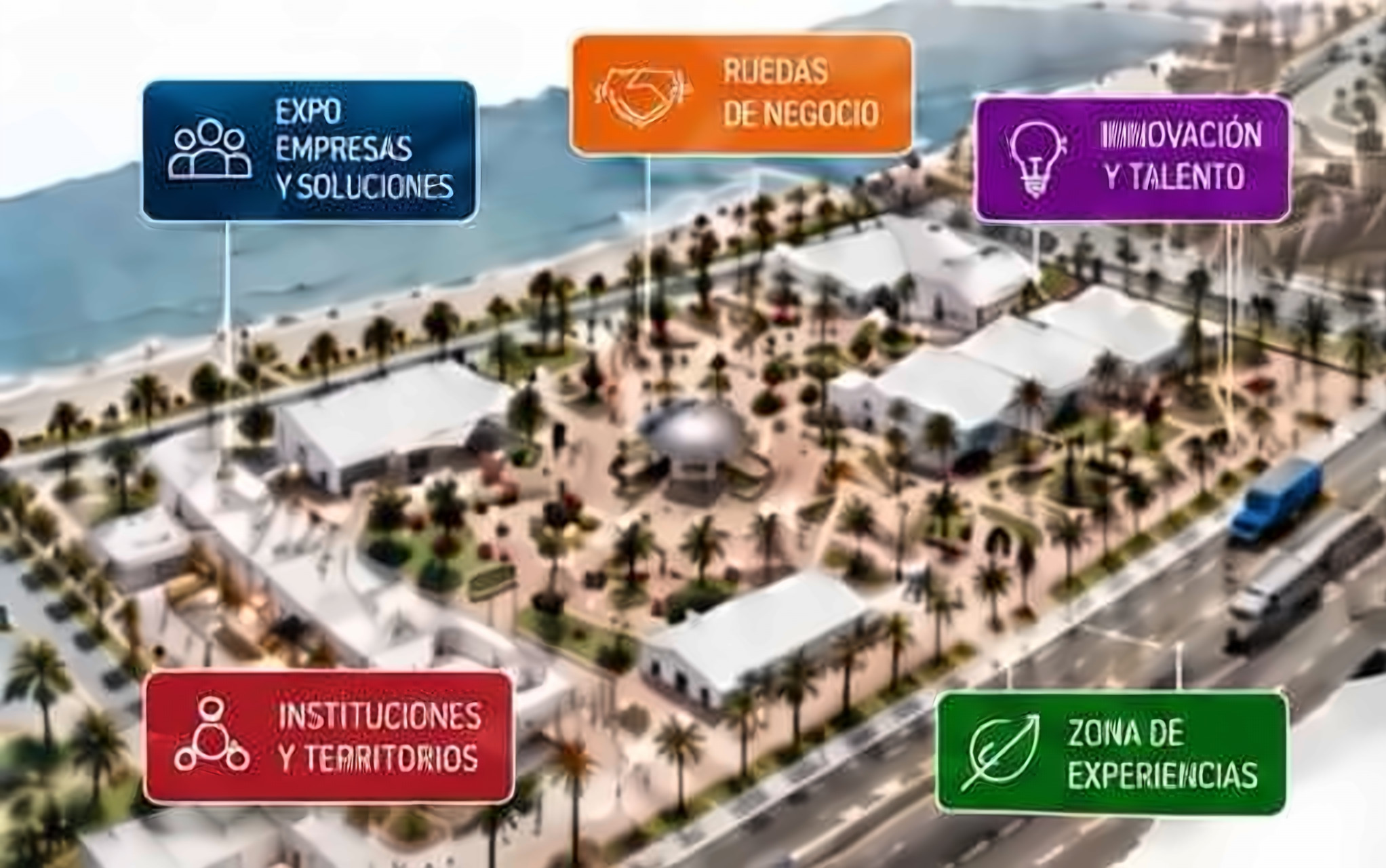 Vista aérea del recinto ferial junto al mar, con cinco zonas